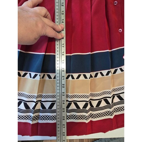 VTG Liz Claiborne Pleated Midi Skirt Button Side Geometric Print Red/Blue/Tan - Picture 7 of 7